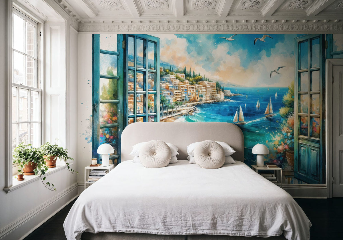Mediterranean Coastline Through Open Window Mural Wallpaper - room preview 04