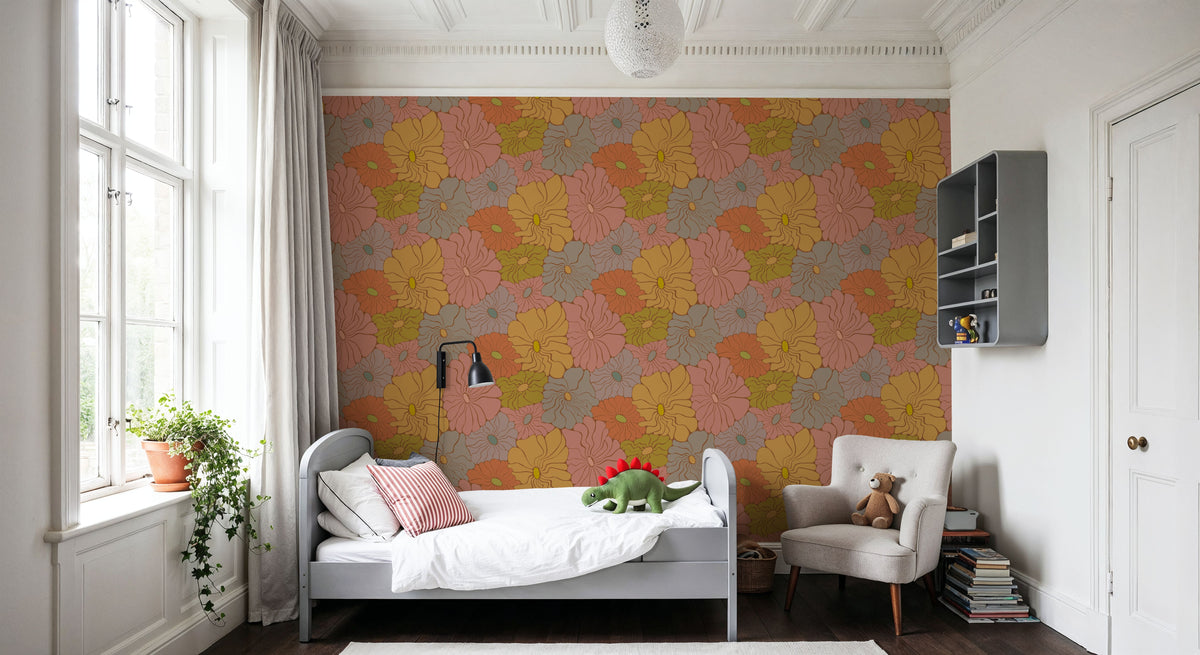 Cool Fluid Flowers, Muted Mural Wallpaper - room preview 04