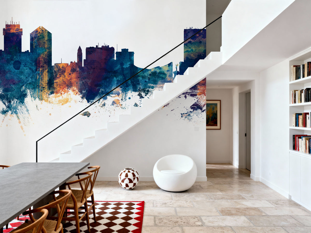 Wichita Kansas Skyline Blue & Bronze Mural Wallpaper - room preview 04