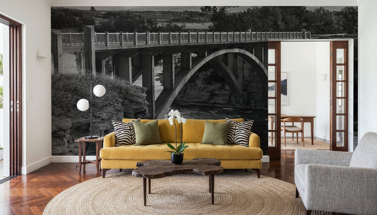 Lundbreck Falls Bridge BW Mural Wallpaper - room preview 04