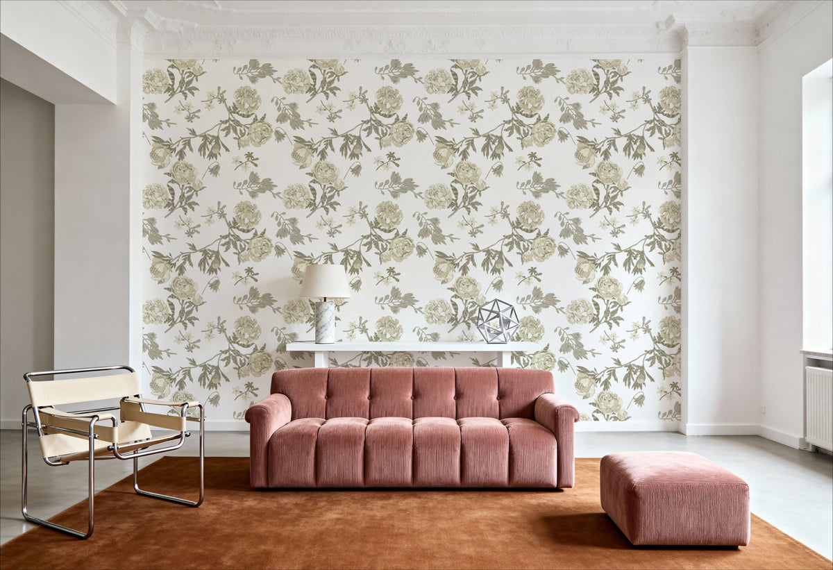 Peony Passion, Khaki on White Mural Wallpaper - room preview 04