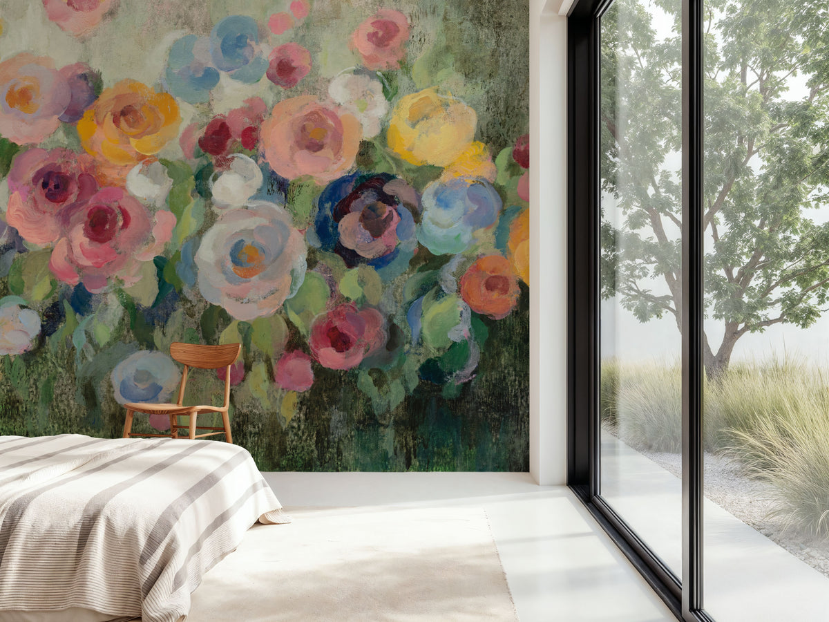 Flowers on Mossy Green Mural Wallpaper - room preview 04