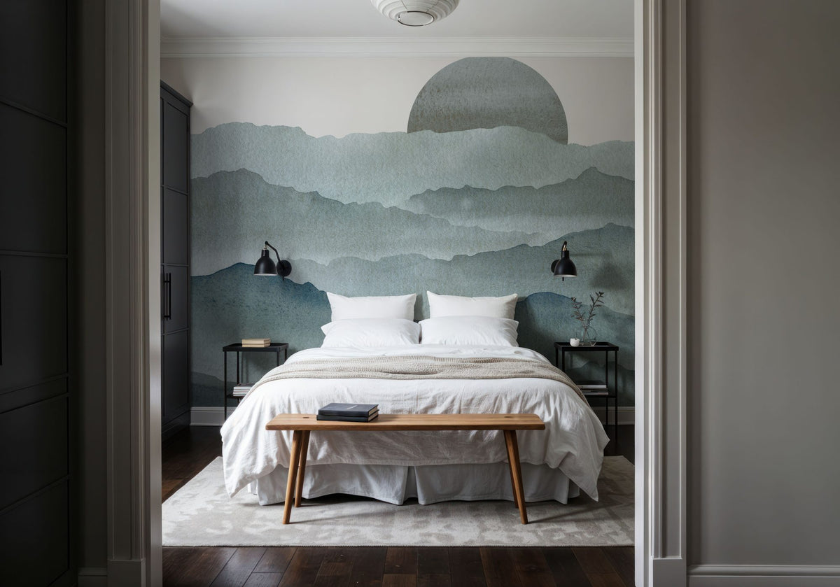 Sunrise Mountain View, Teal Mural Wallpaper - room preview 04