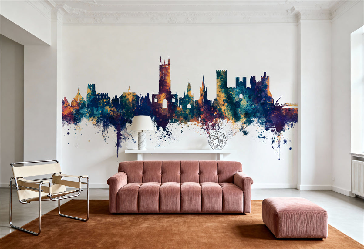 Warwick England Skyline Blue & Bronze Mural Wallpaper - room preview 04