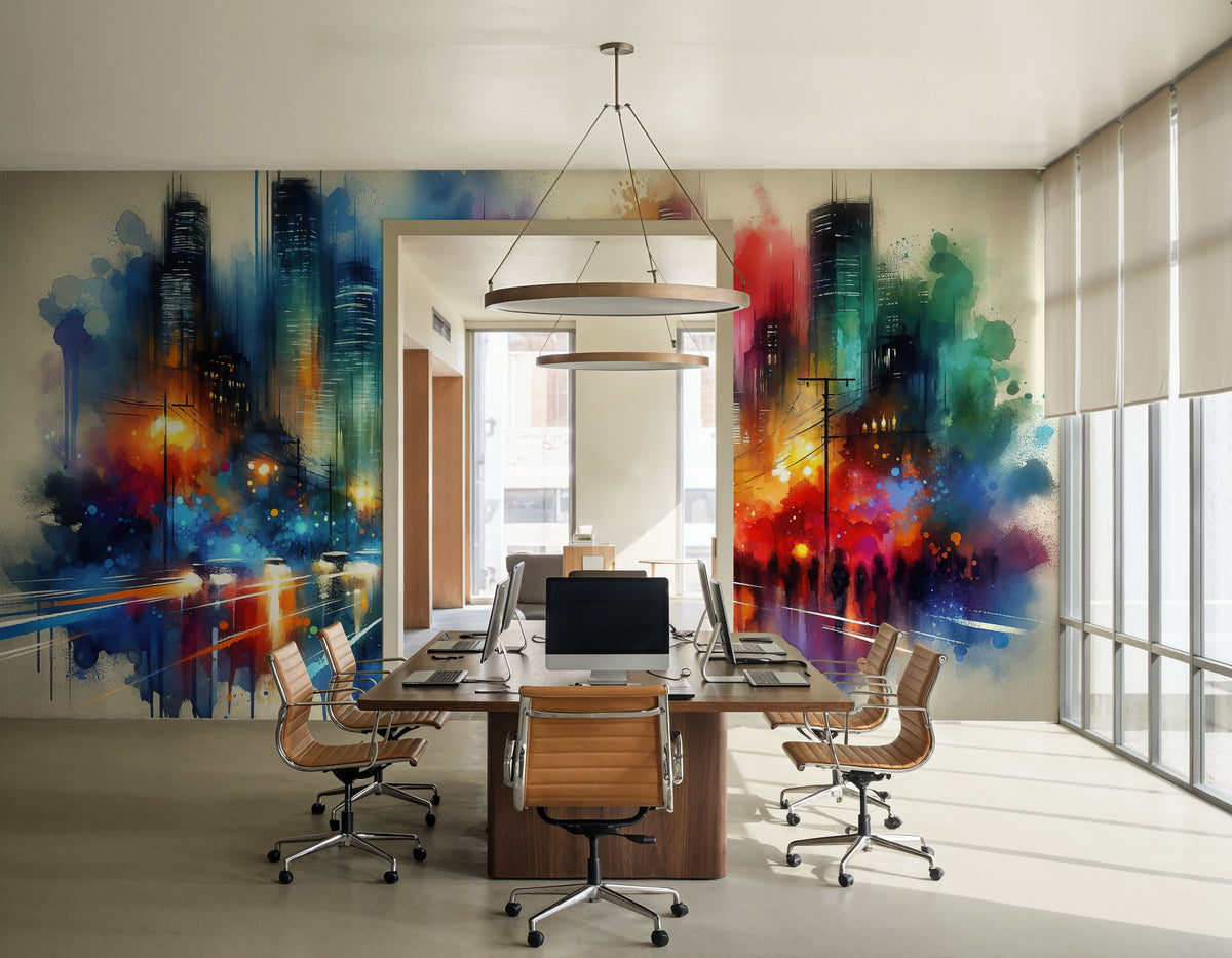 Watercolor Abstract Skyline At Night Mural Wallpaper - room preview 04
