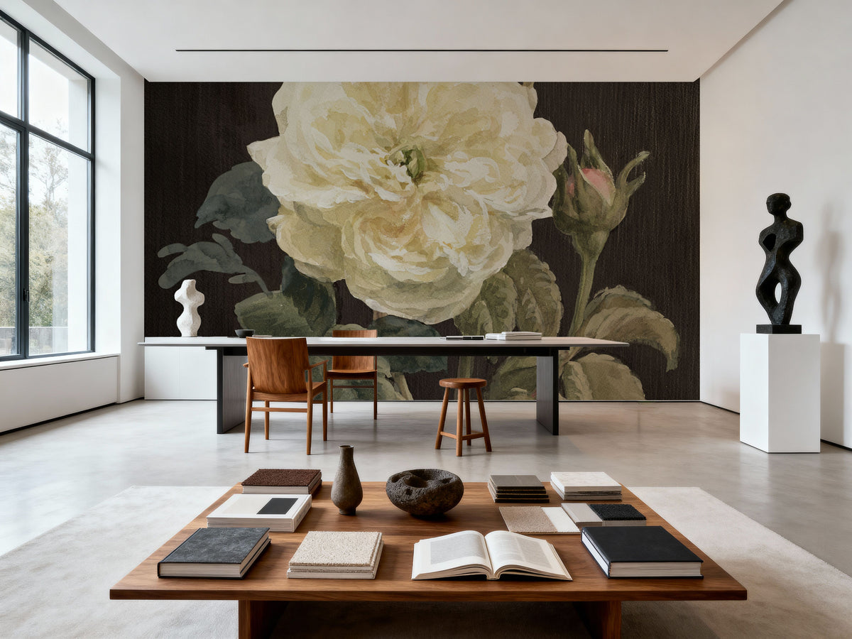 Heirloom White Rose on Black Mural Wallpaper - room preview 04