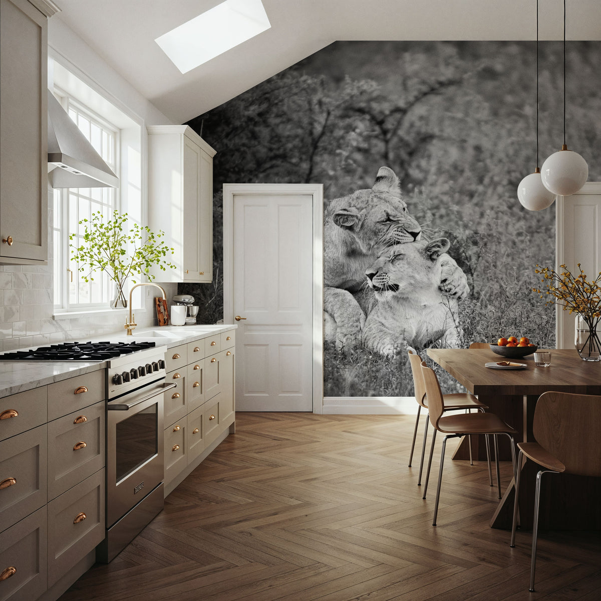Playful Lions BW Mural Wallpaper - room preview 04