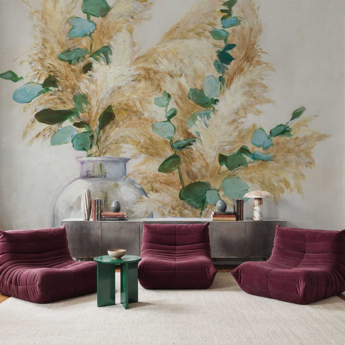 Pampas and Eucalyptus Bouquets Mural Wallpaper - room preview 04