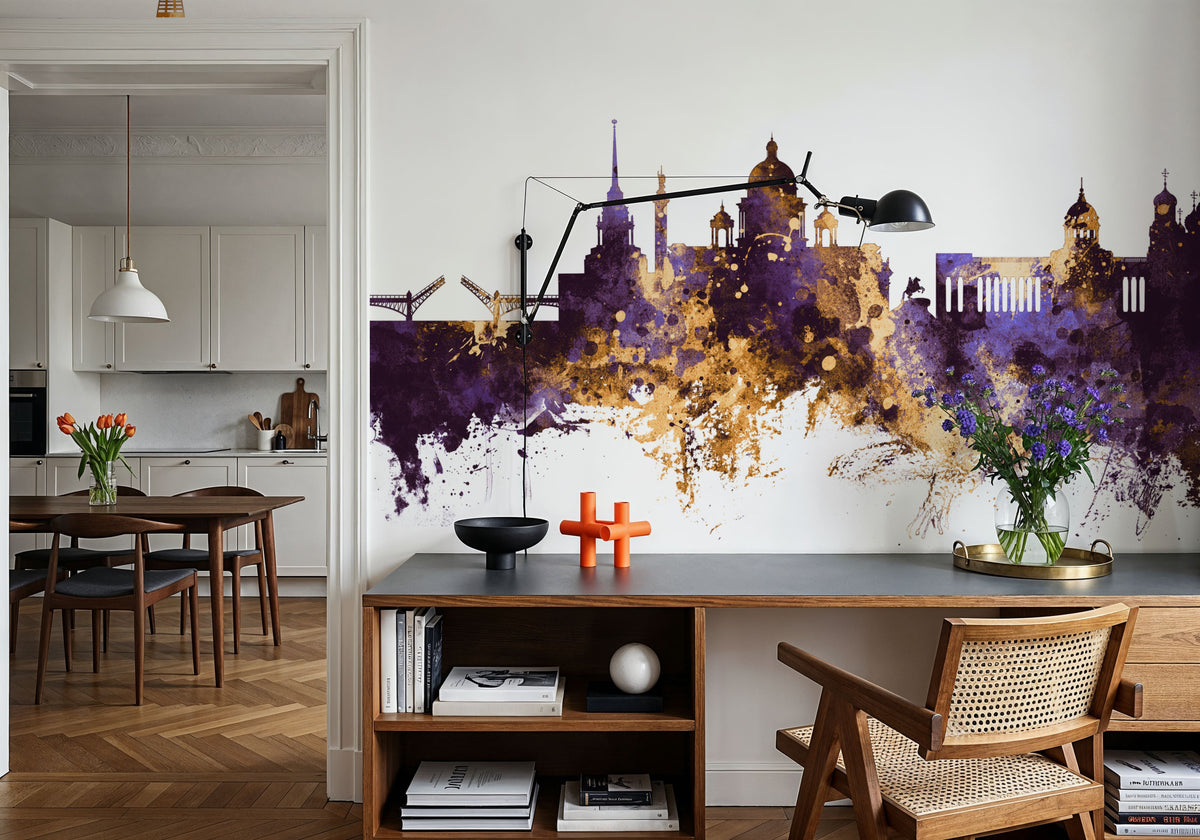 St Petersbug Russia Skyline Purple & Gold Mural Wallpaper - room preview 04