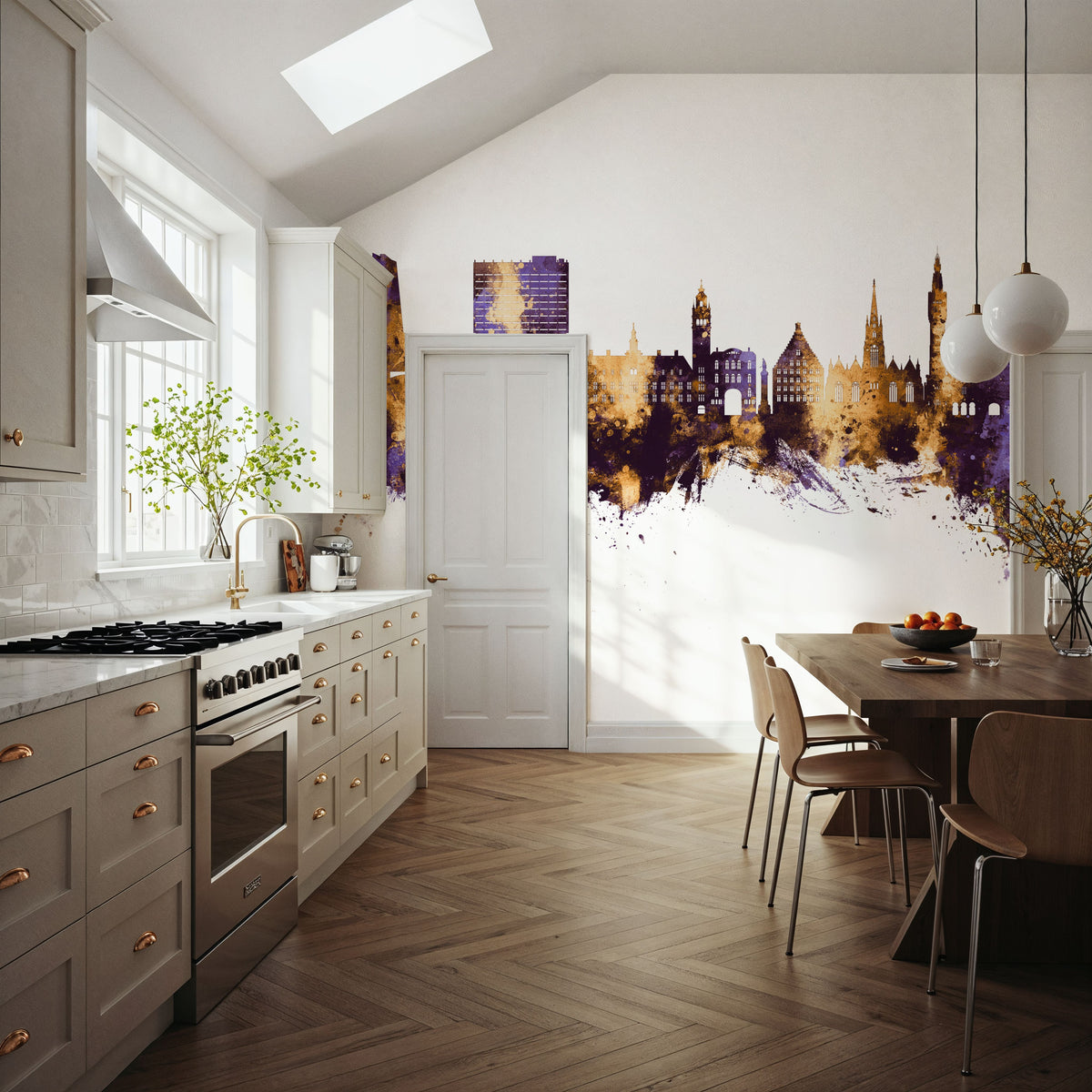 Lille France Skyline Purple & Gold Mural Wallpaper - room preview 04