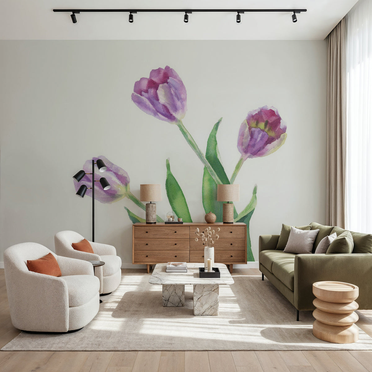 Lavender Tulip Watercolor Mural Wallpaper - room preview 04