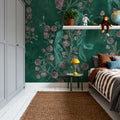 Peacock and Peony Chinoiserie Bottle Green Mural Wallpaper - room preview 04