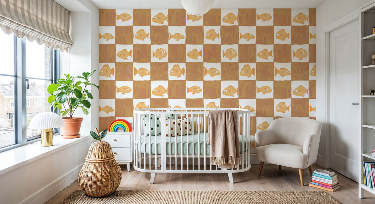 Fish Checkers, Warm Brown Mural Wallpaper - room preview 04