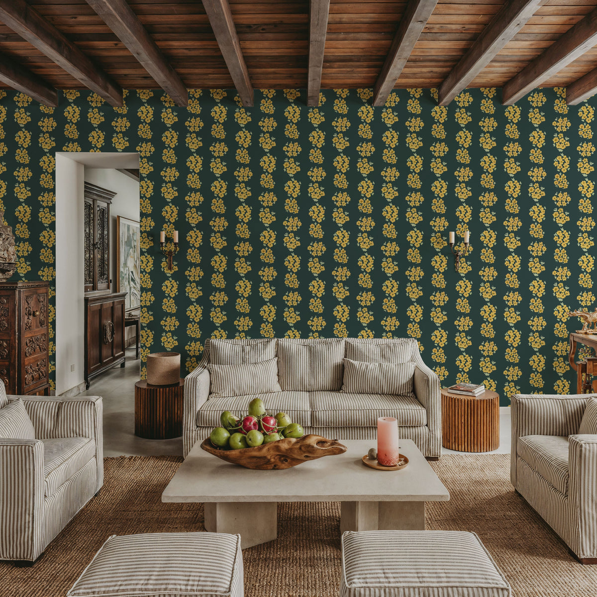 Ditsy Floral Clusters, Dark Teal Mural Wallpaper - room preview 04