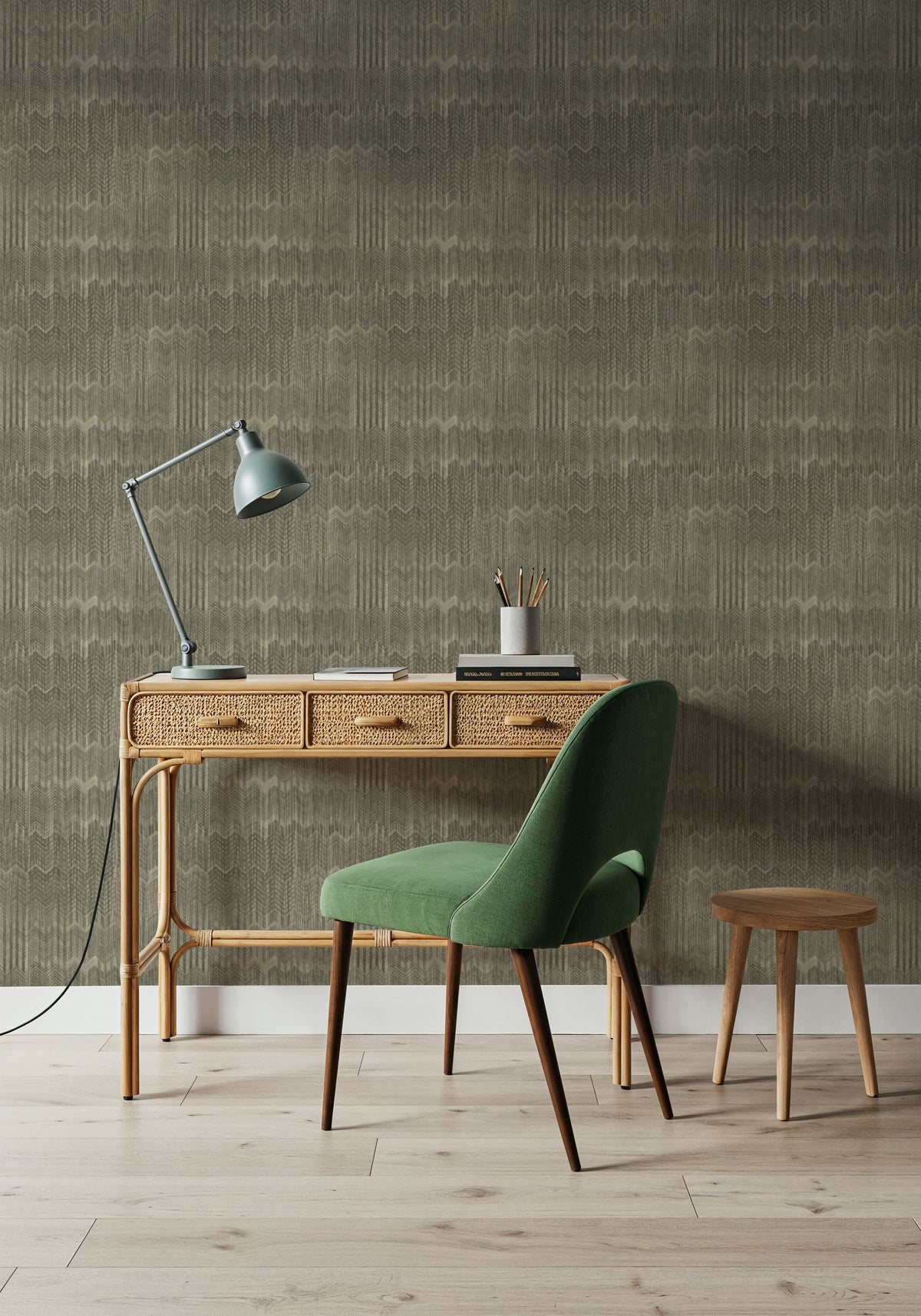 Staggered Zig-Zag, Olive Mural Wallpaper - room preview 04
