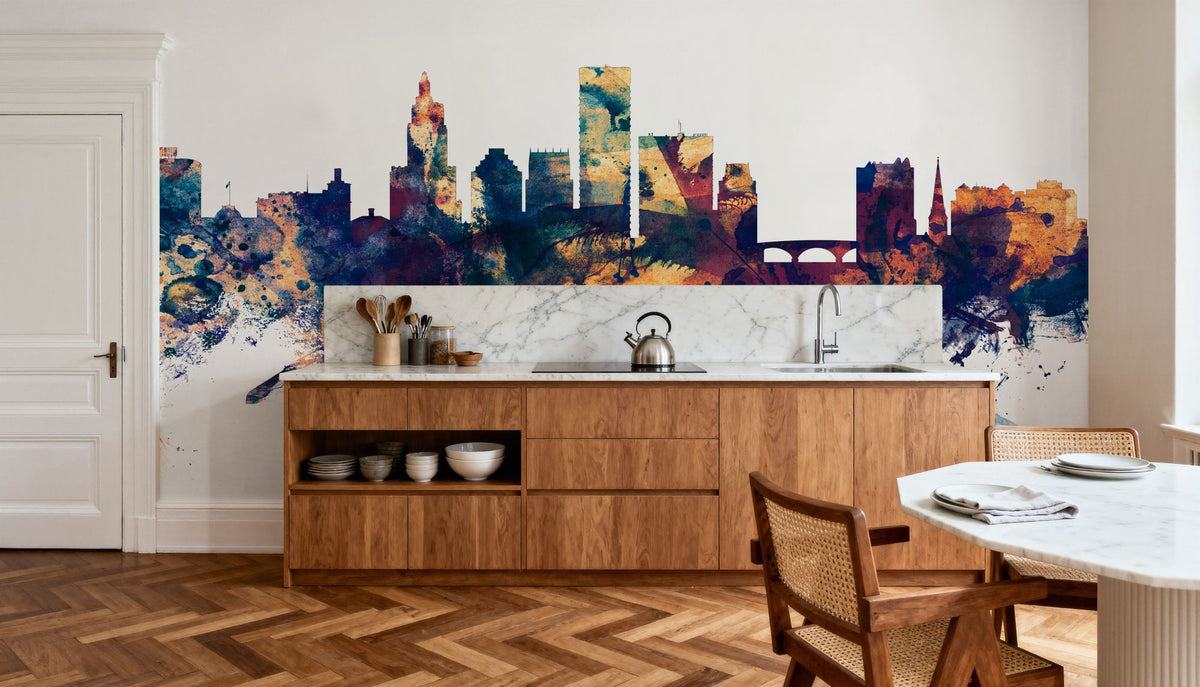 Providence Rhode Island Skyline Blue & Bronze Mural Wallpaper - room preview 04