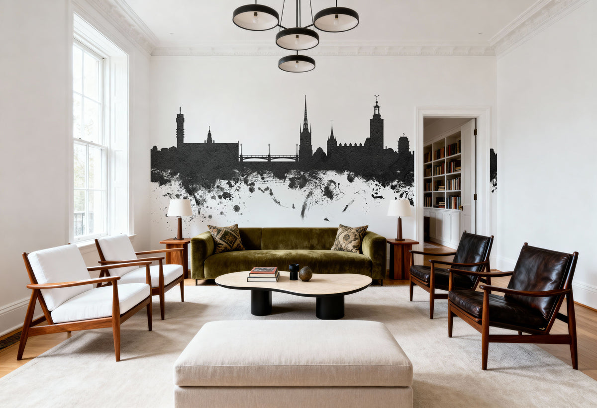 Stockholm Skyline Black & White Mural Wallpaper - room preview 04