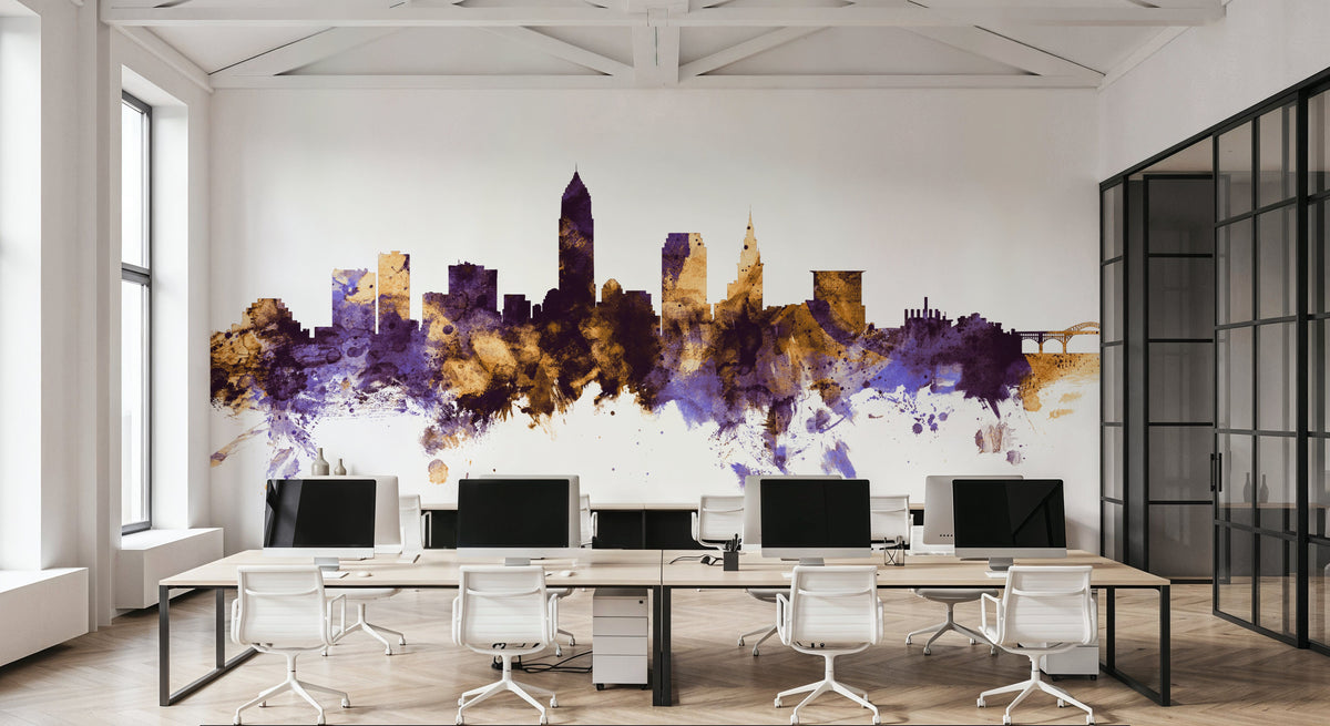 Cleveland Ohio Skyline Purple & Gold Mural Wallpaper - room preview 04