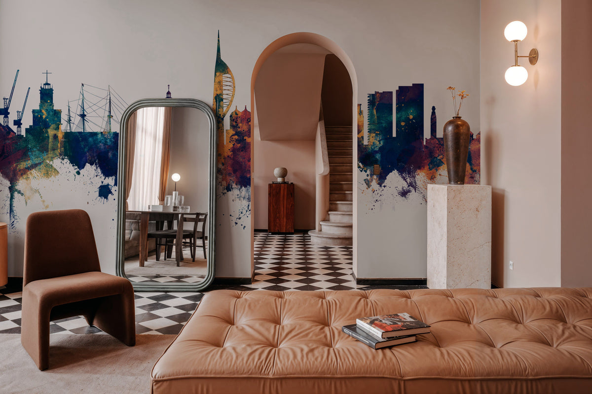 Portsmouth England Skyline Blue & Bronze Mural Wallpaper - room preview 04