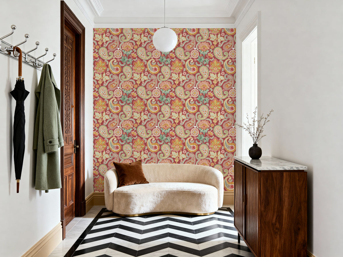 Harvest Paisley Mini Red Mural Wallpaper - room preview 04