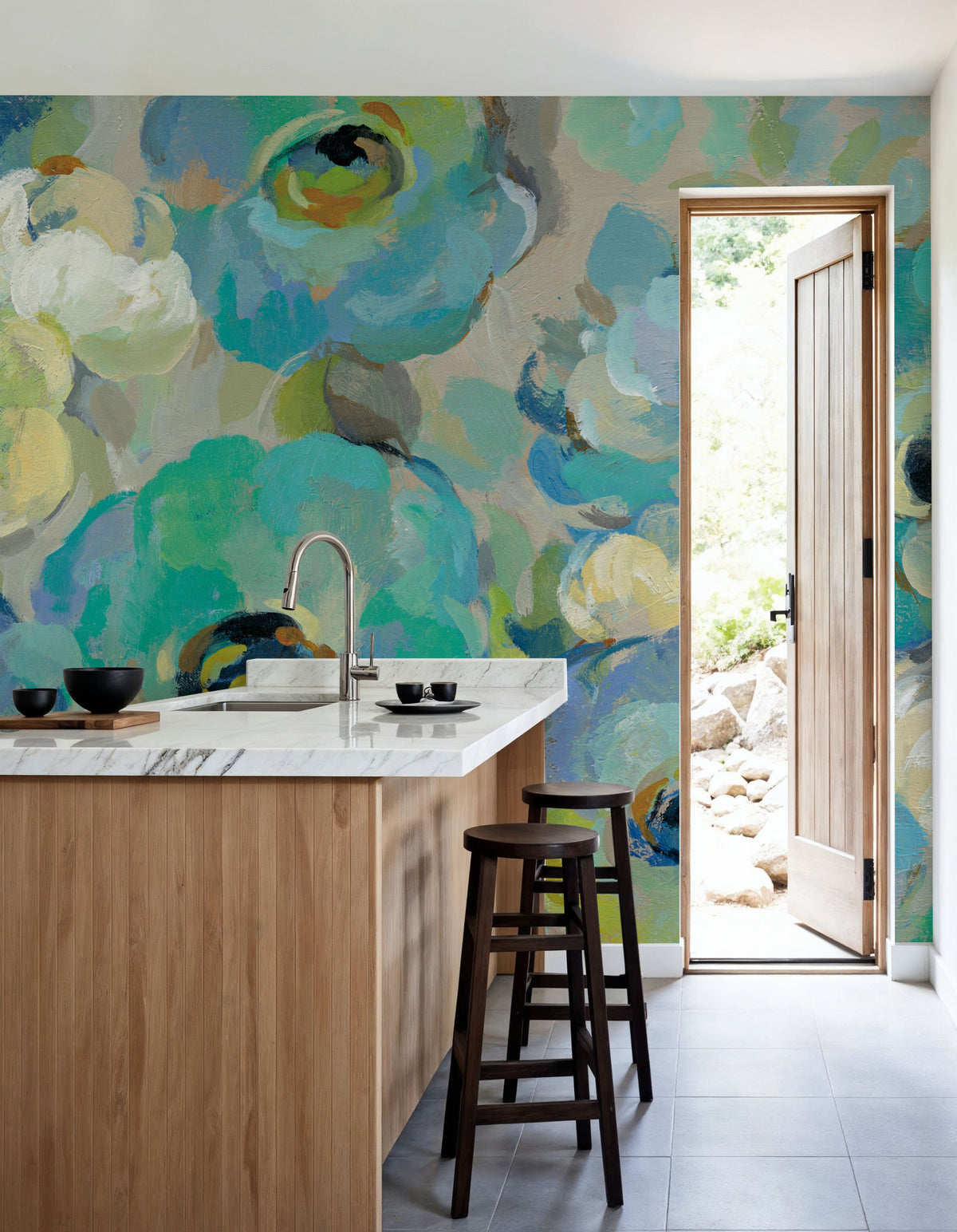 Fresh Teal Flowers Mural Wallpaper - room preview 04