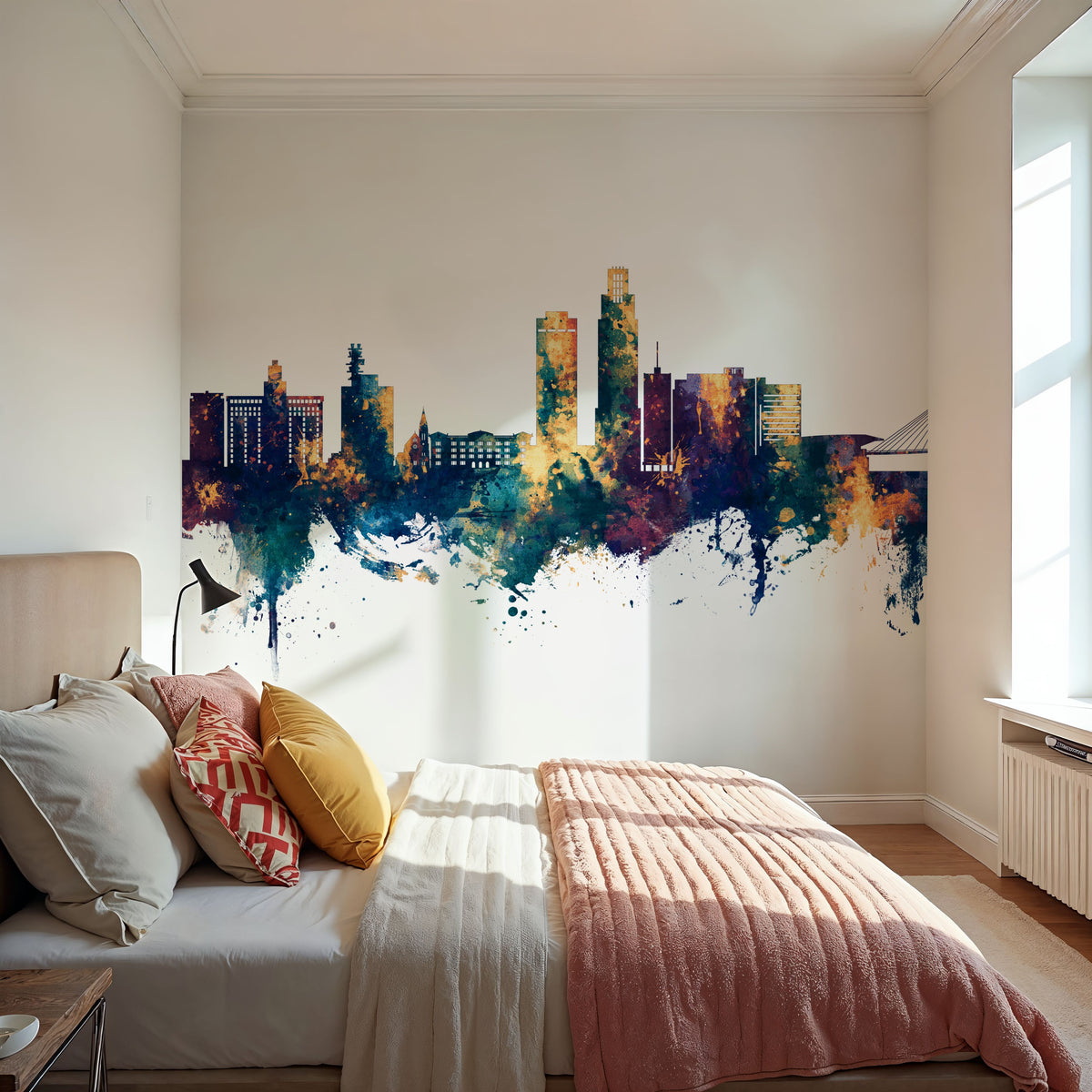 Omaha Nebraska Skyline Blue & Bronze Mural Wallpaper - room preview 04