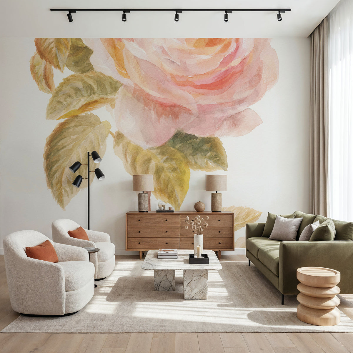 Garden Rose on White Mural Wallpaper - room preview 04