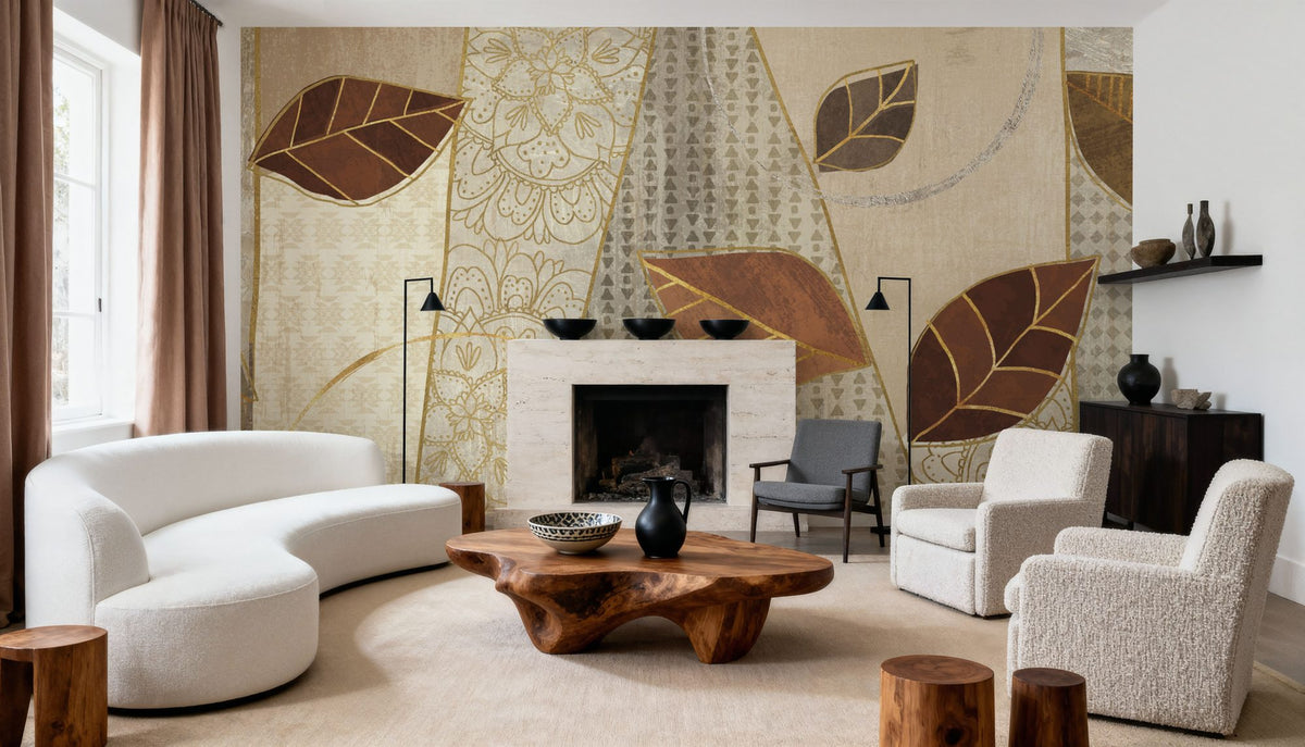 Bohemian Leaves IV Neutral Mural Wallpaper - room preview 04