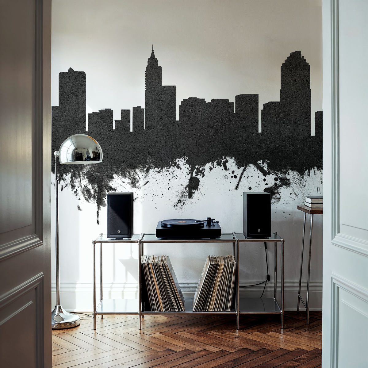 Raleigh North Carolina Skyline Black & White Mural Wallpaper - room preview 04