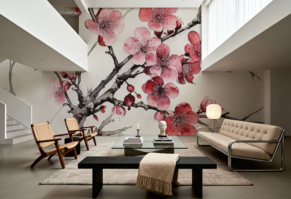Ink Cherry Blossoms Branches Mural Wallpaper - room preview 04