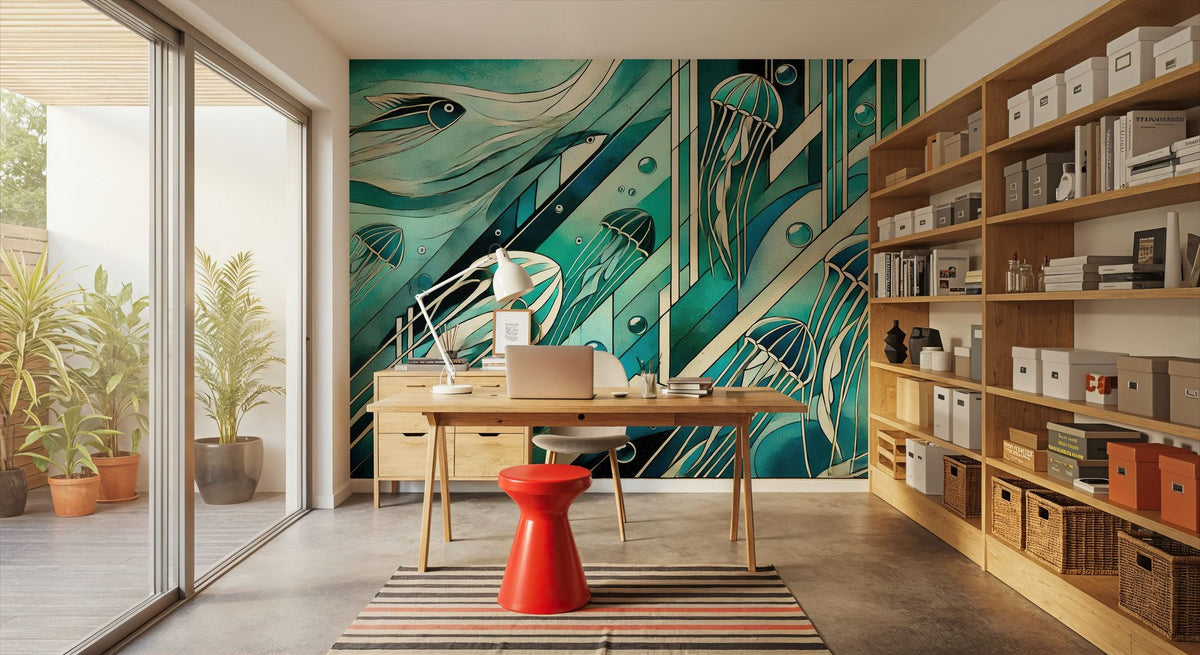 Oceanic Serenade Scene in Art Deco Mural Wallpaper - room preview 04