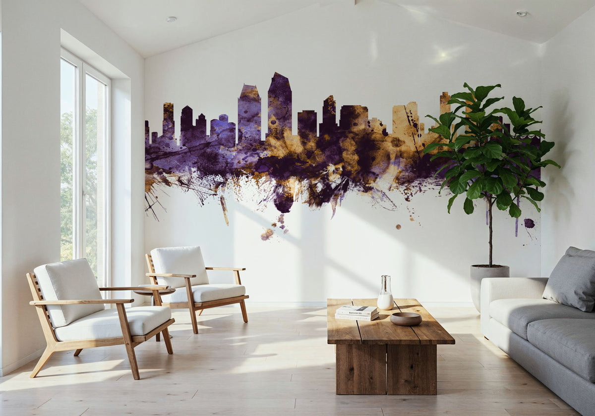 San Diego California Skyline Purple & Gold Mural Wallpaper - room preview 04