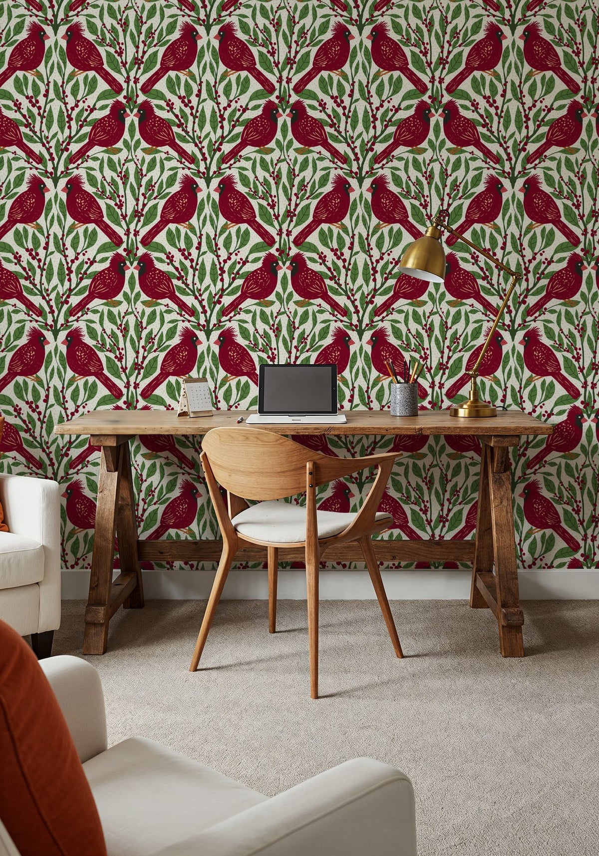 Cardinals & Winterberries, Green Mural Wallpaper - room preview 04
