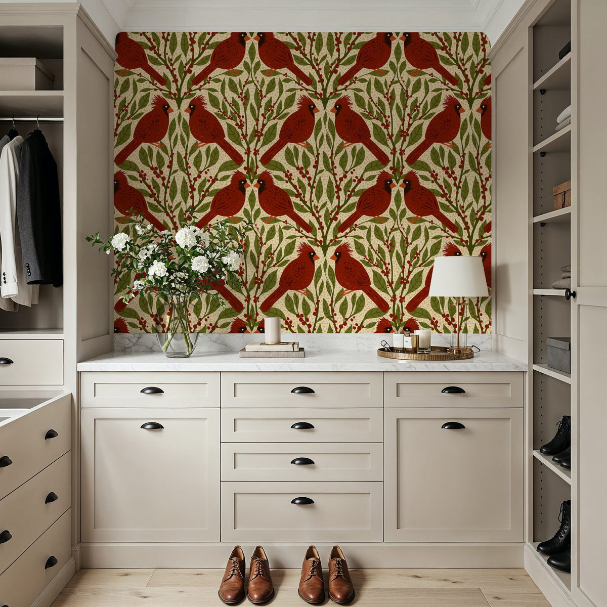 Cardinals & Winterberries, Vintage Mural Wallpaper - room preview 04