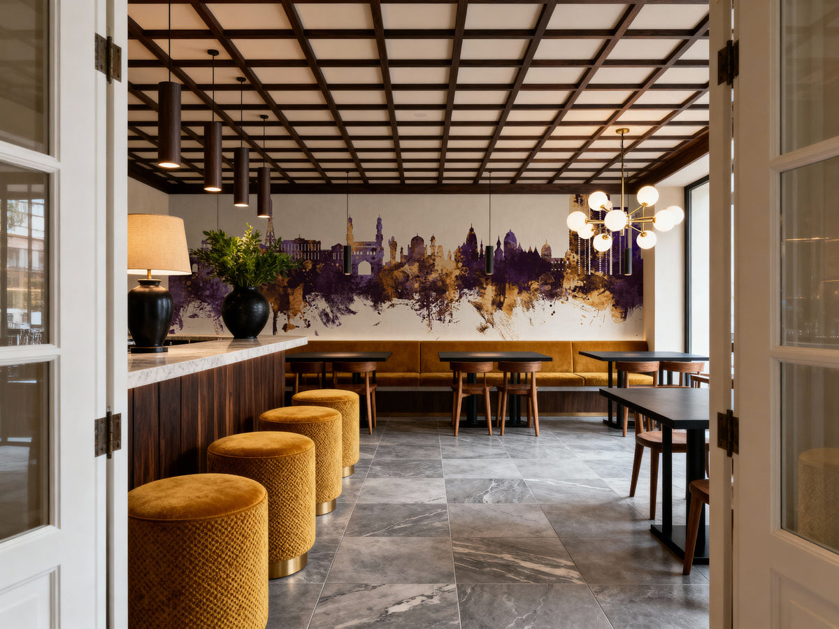 Hyderabad Skyline Purple & Gold Mural Wallpaper - room preview 04