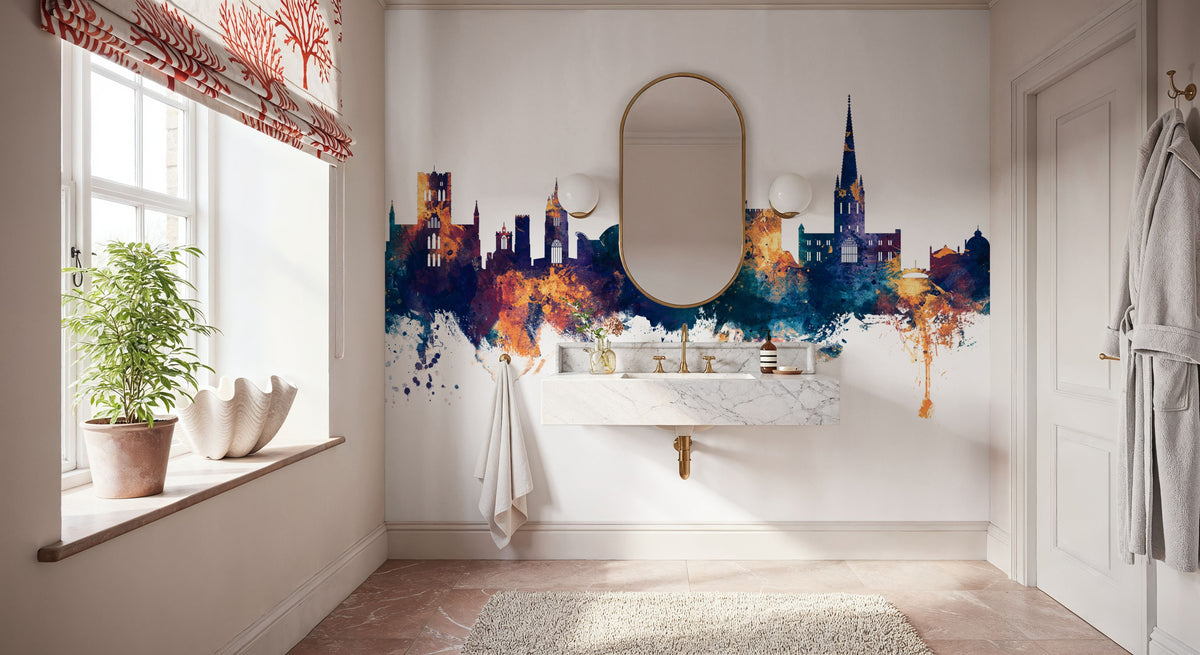 Norwich England Skyline Blue & Bronze Mural Wallpaper - room preview 04