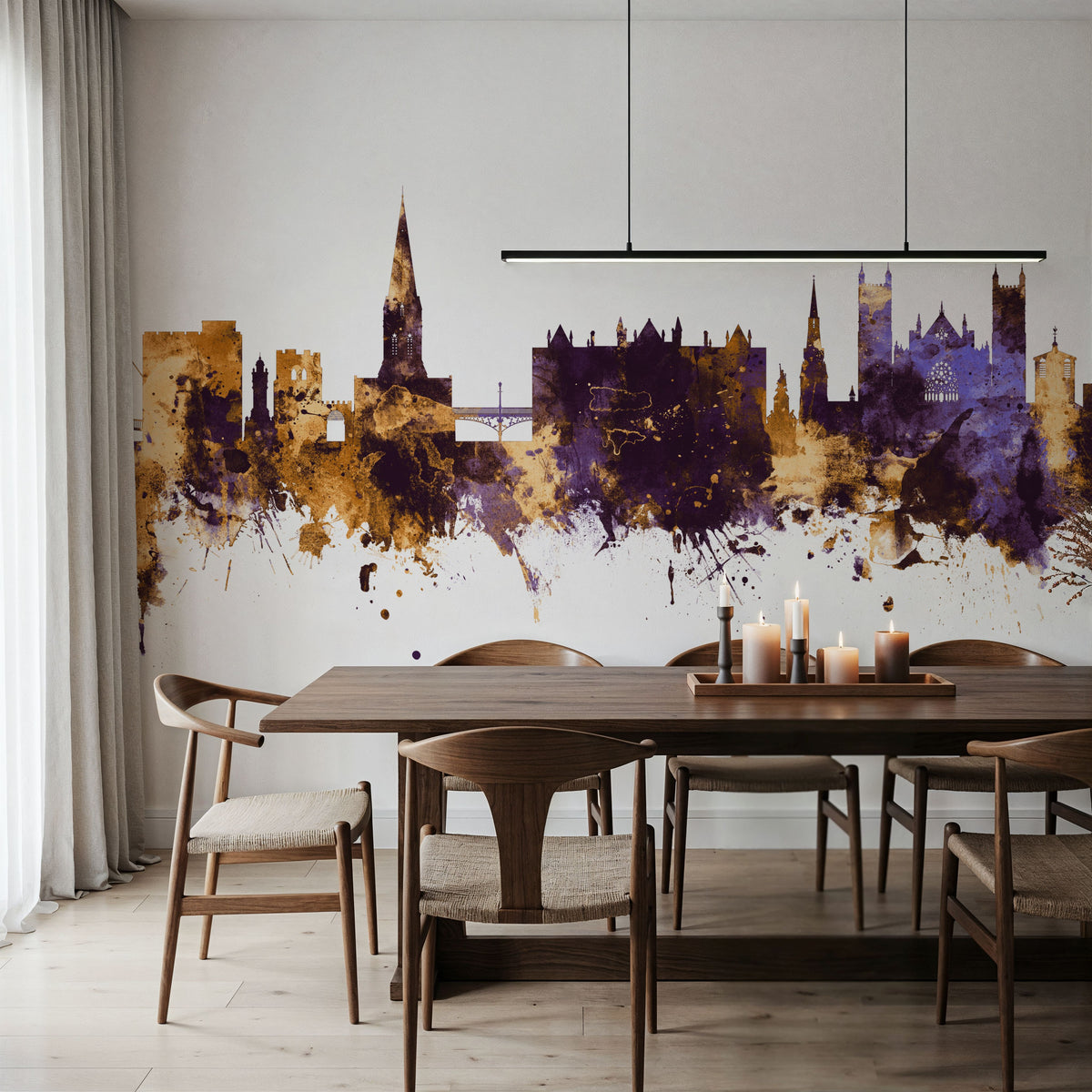 Exeter England Skyline Purple & Gold Mural Wallpaper - room preview 04