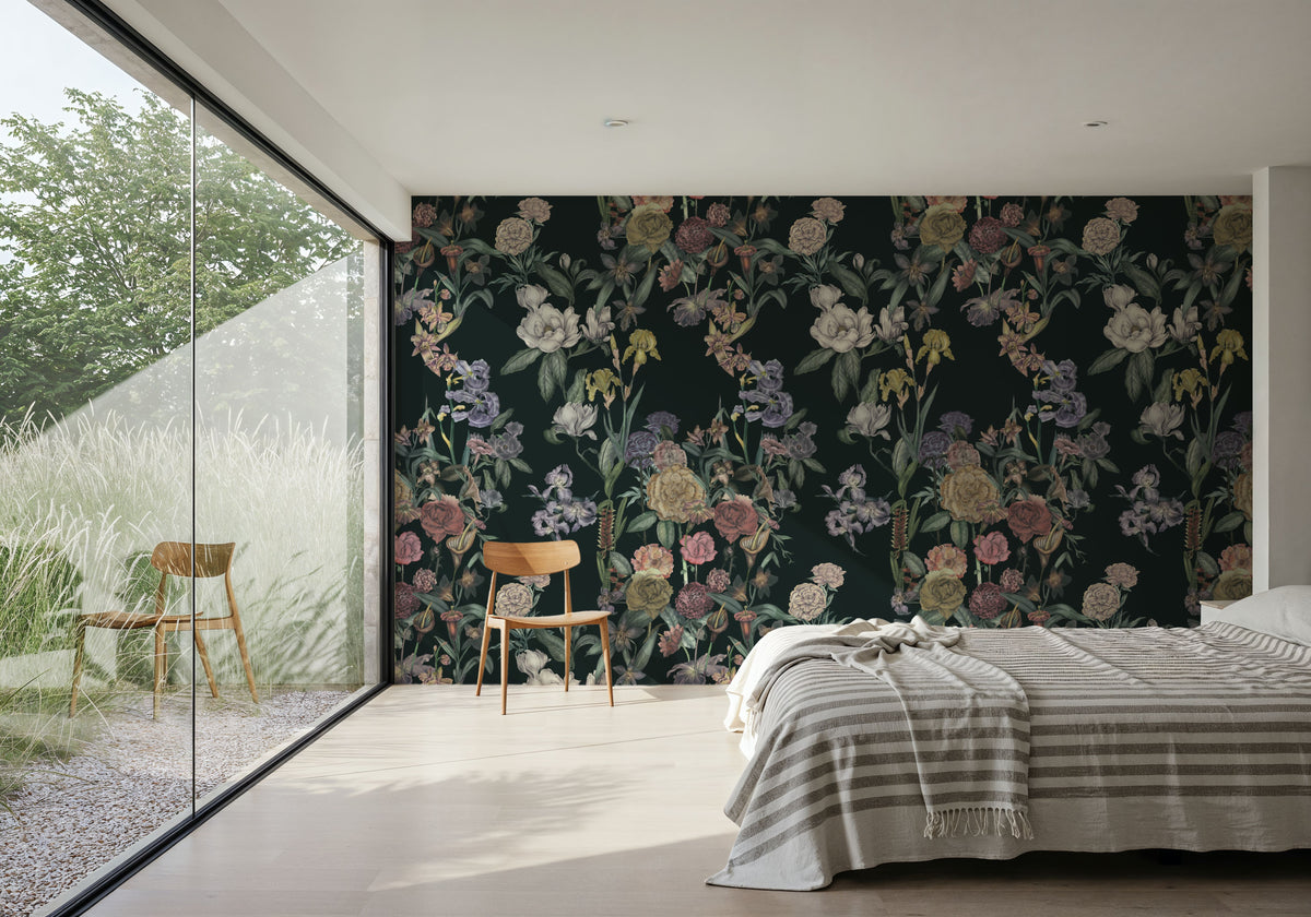 Floral Gaze, Dark Green Mural Wallpaper - room preview 04