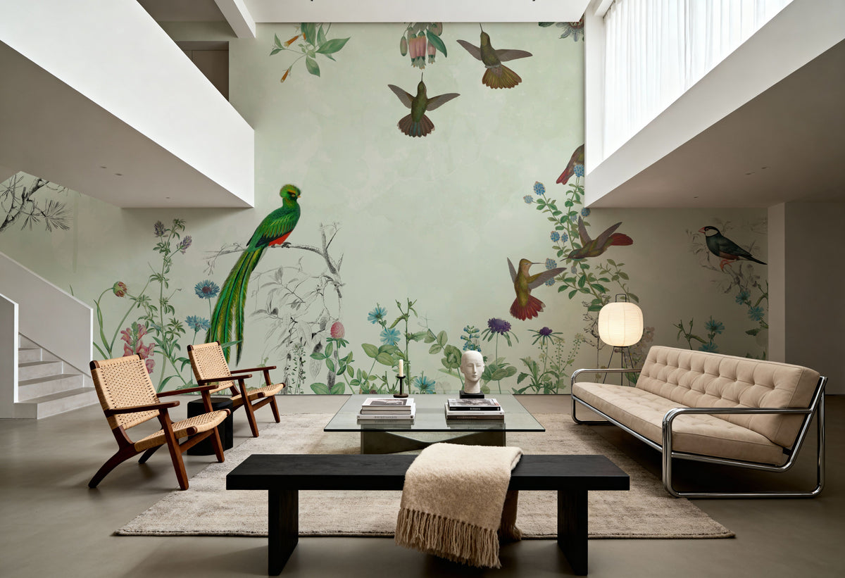 Fields of Birds and Flowers Mural Wallpaper - Neutral Tone - room preview 04