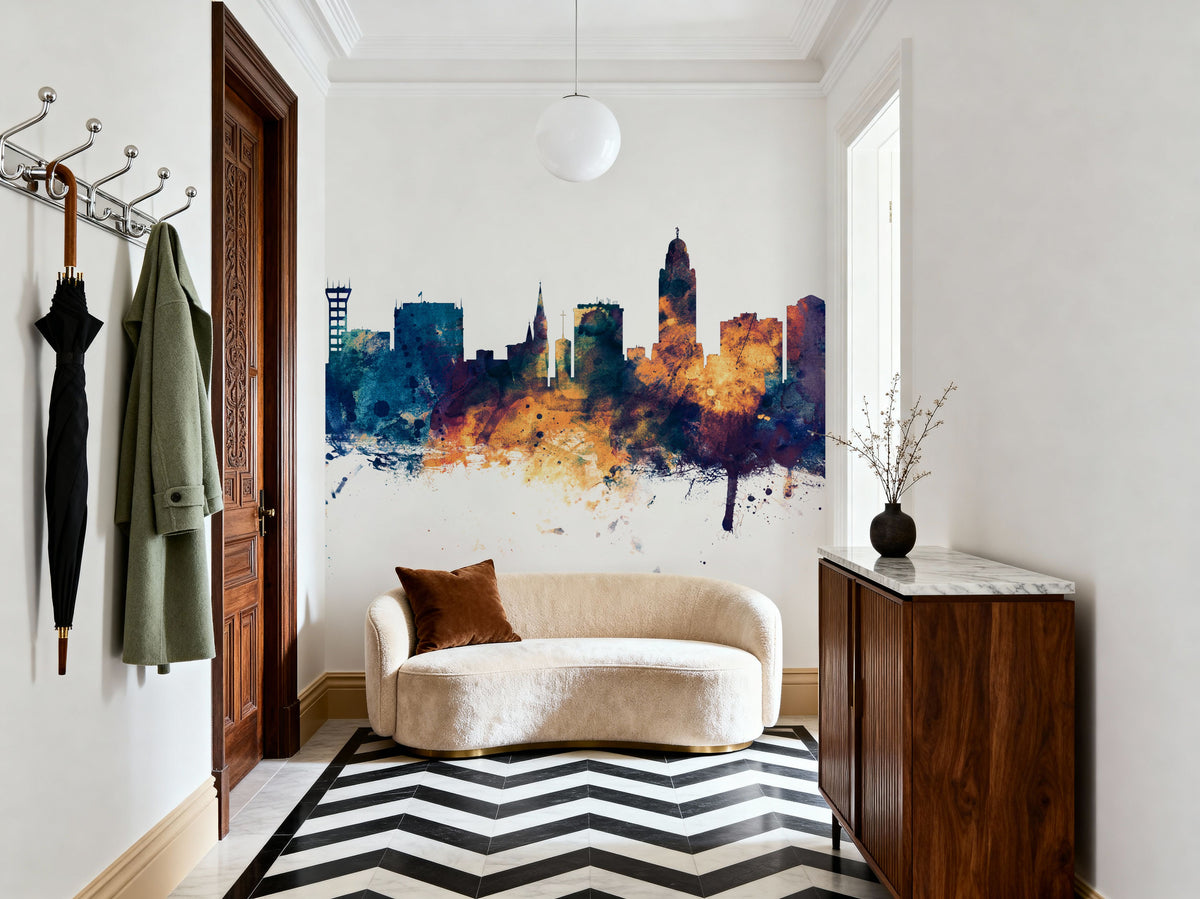 Lincoln Nebraska Skyline Blue & Bronze Mural Wallpaper - room preview 04