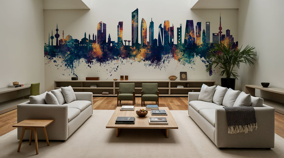Kuwait City Skyline Blue & Bronze Mural Wallpaper - room preview 04