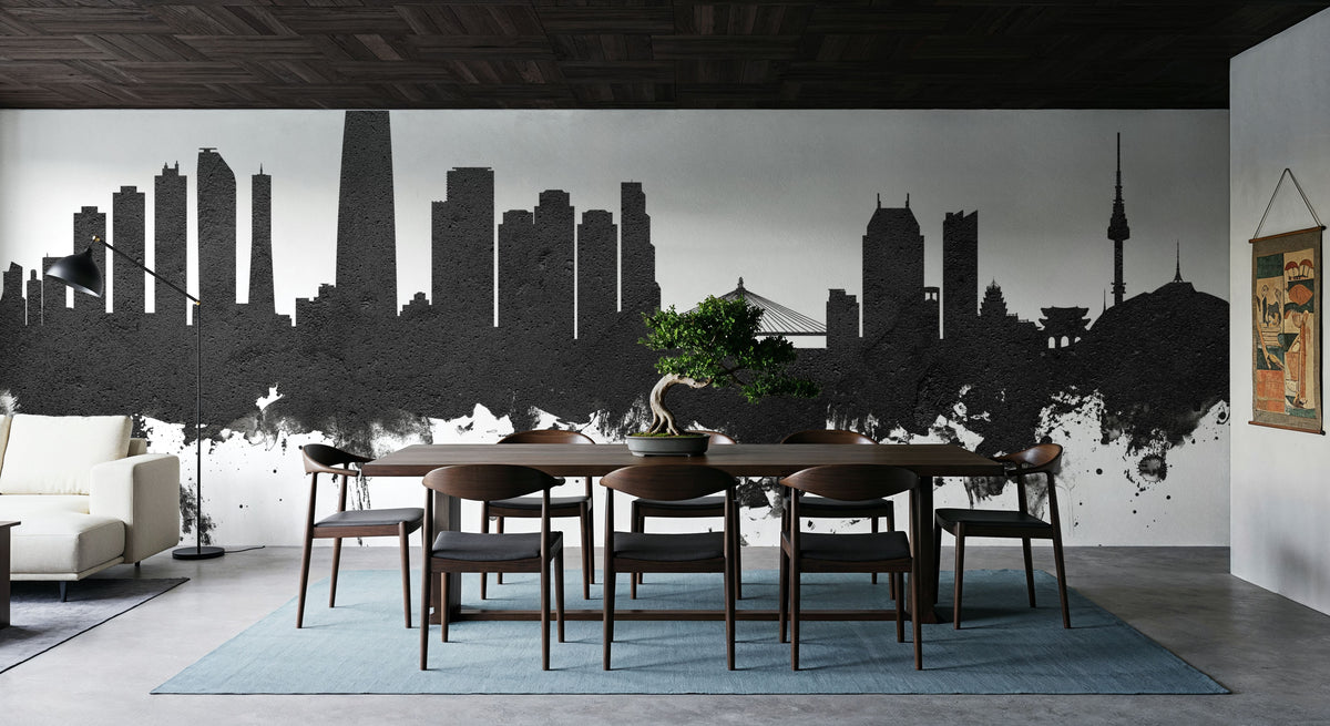 Seoul Skyline Black & White Mural Wallpaper - room preview 04