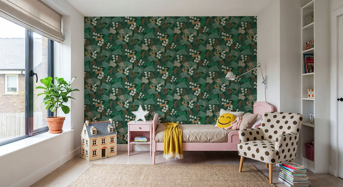 Wild and Free Pattern, Green Mural Wallpaper - room preview 04