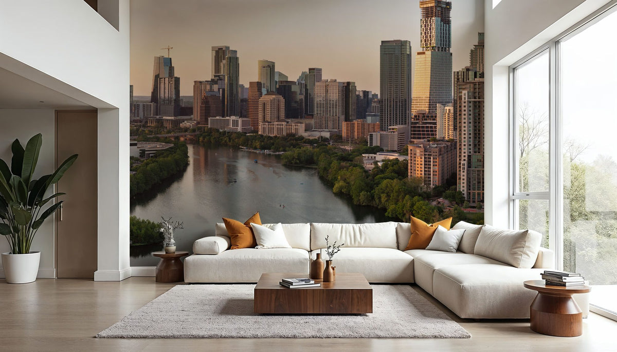 Riverside Skyscrapers Golden Metropolis Mural Wallpaper - room preview 04