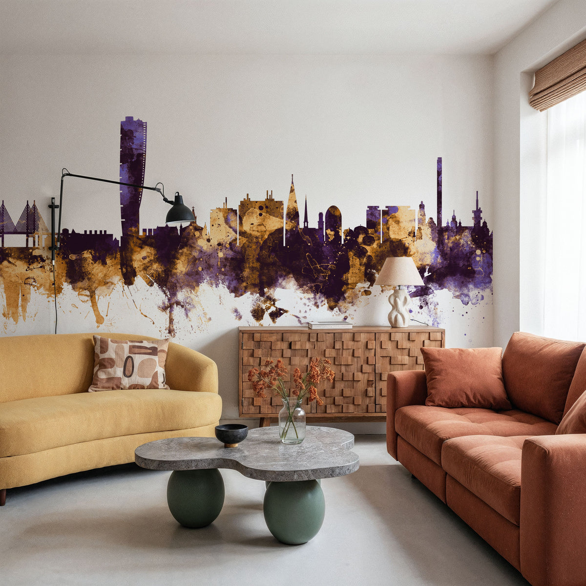 Malmö Sweden Skyline Purple & Gold Mural Wallpaper - room preview 04