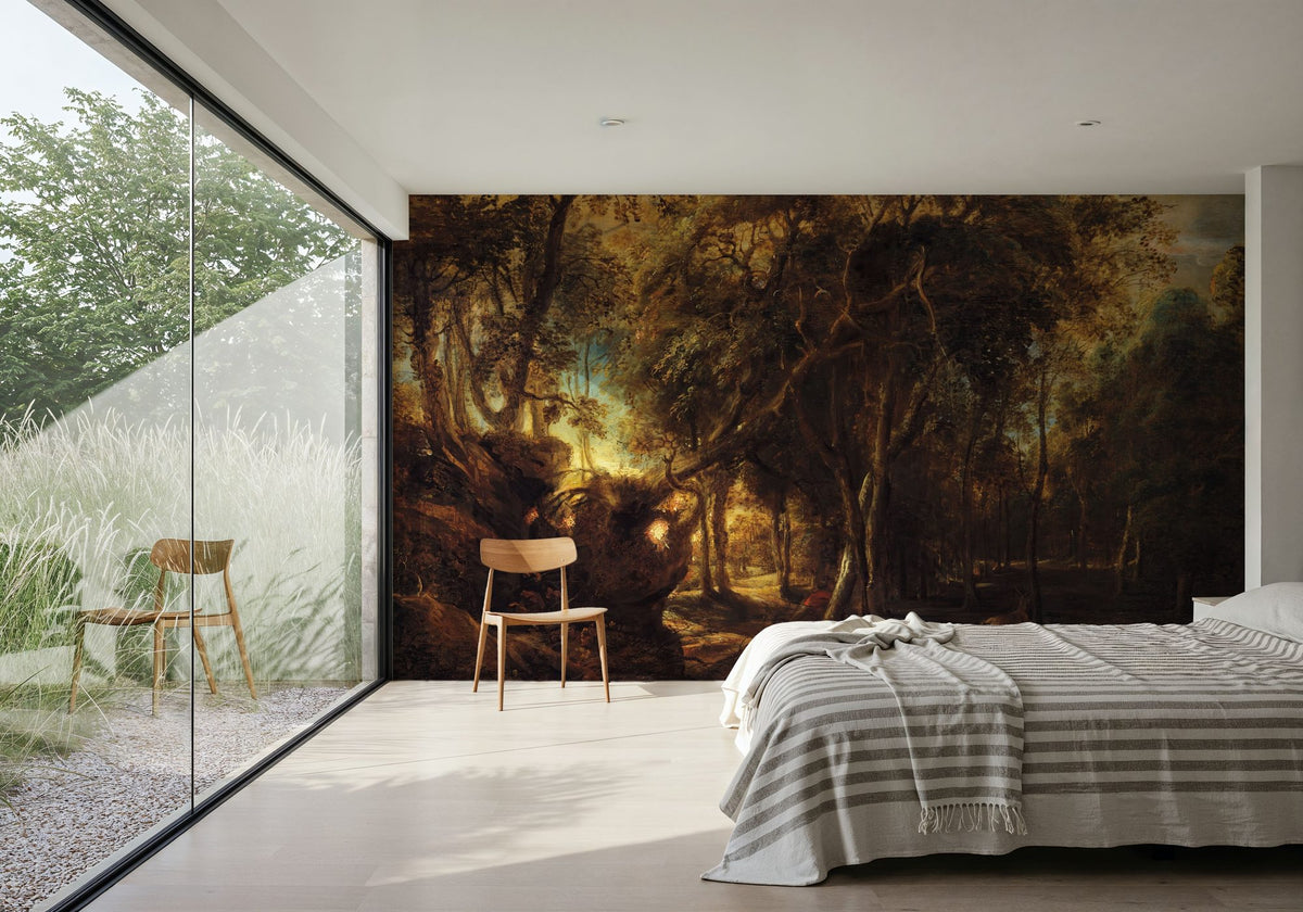 Dwellpaper A Forest At Dawn with a Deer Hunt Mural Wallpaper image 4