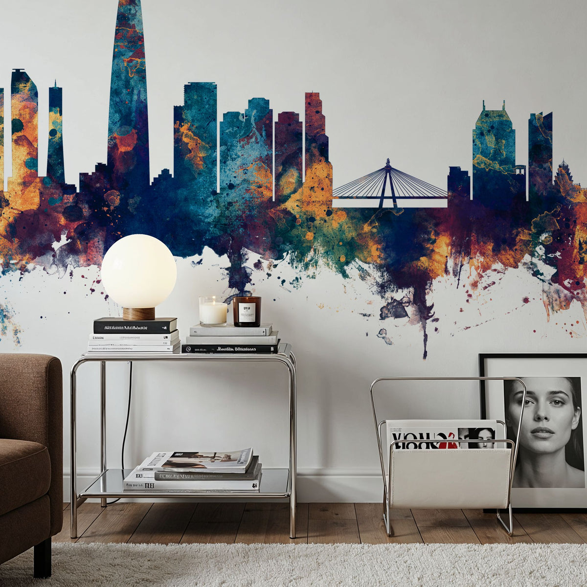 Seoul Skyline Blue & Bronze Mural Wallpaper - room preview 04