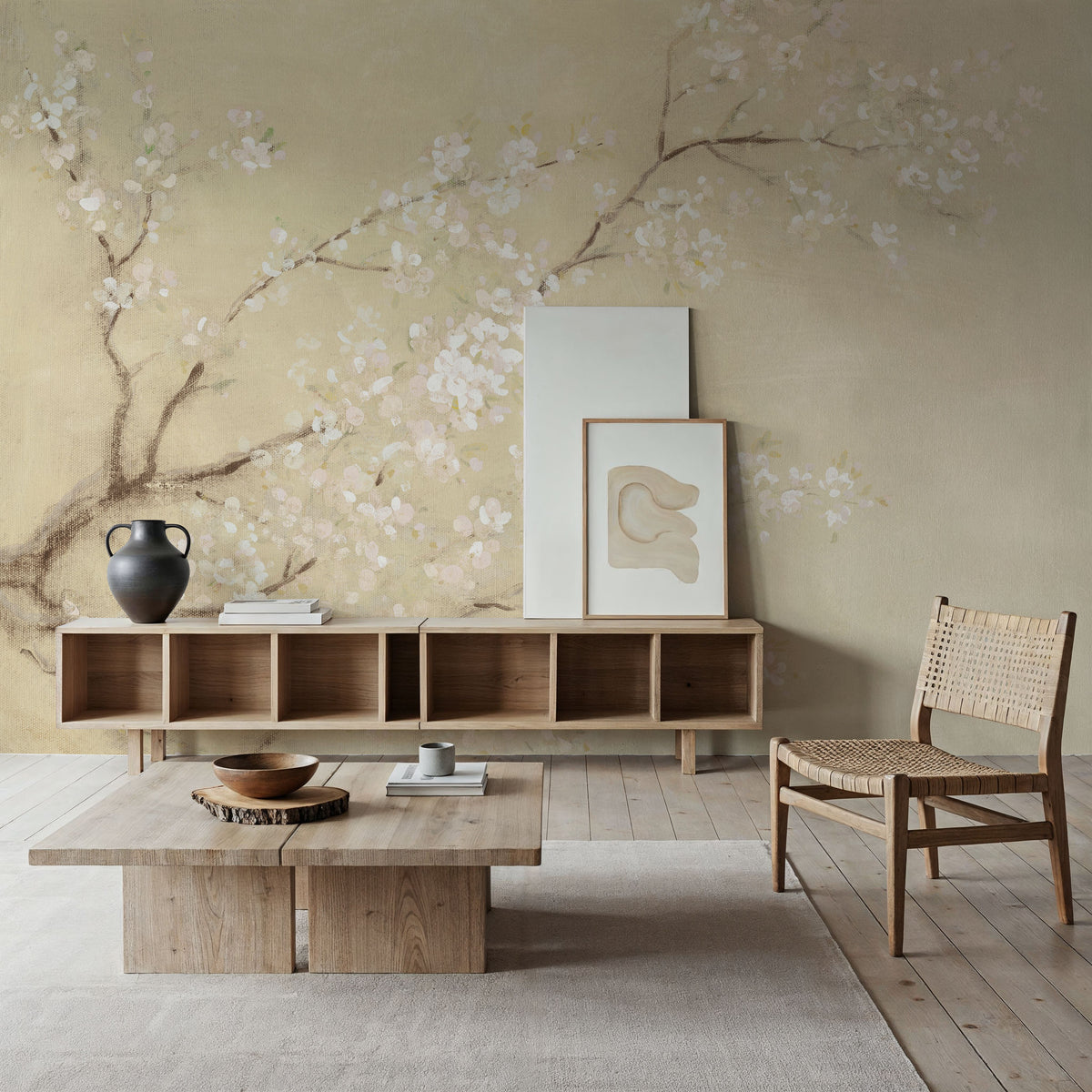 White Cherry Blossoms I Linen Mural Wallpaper - room preview 04