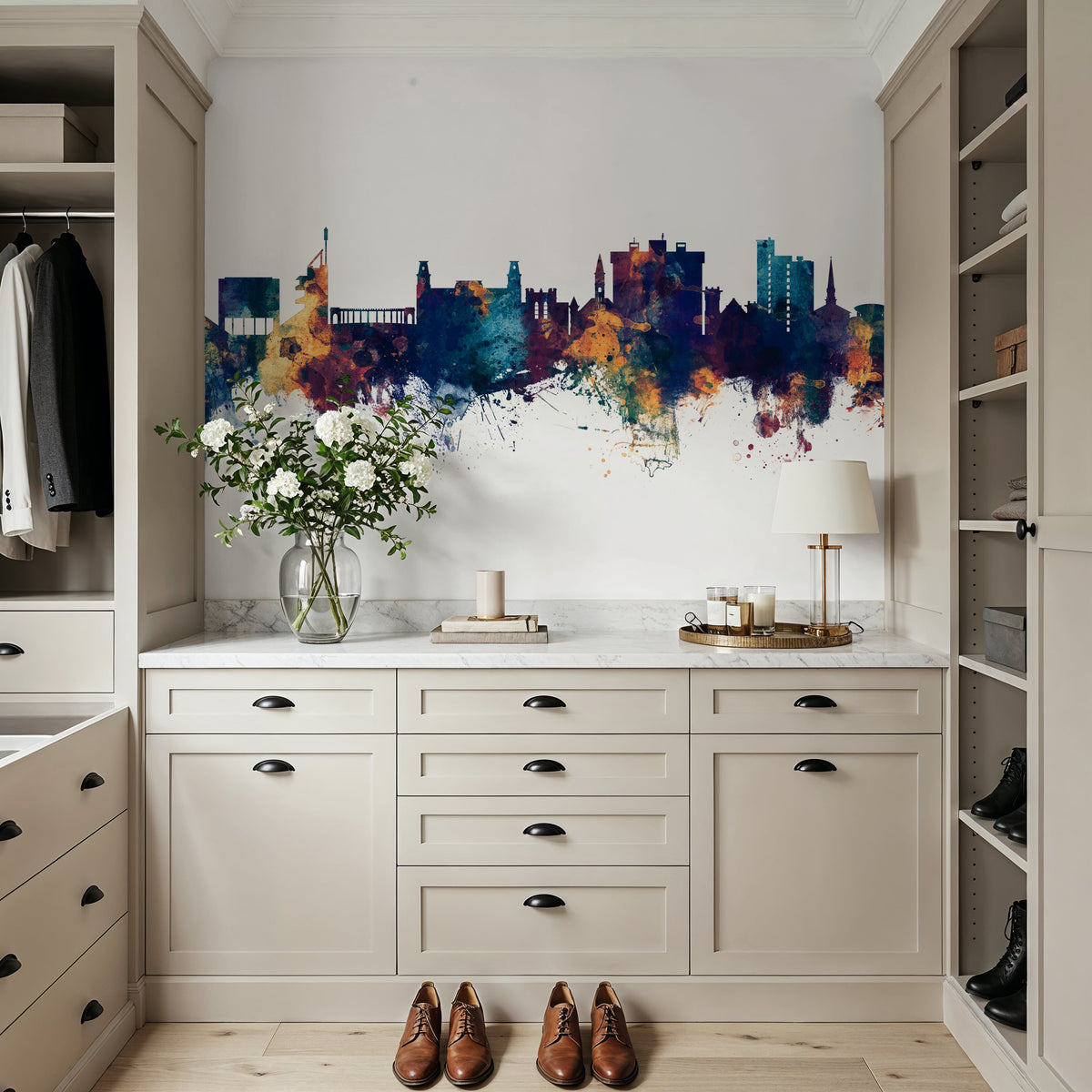 Fayetteville Arkansas Skyline Blue & Bronze Mural Wallpaper - room preview 04