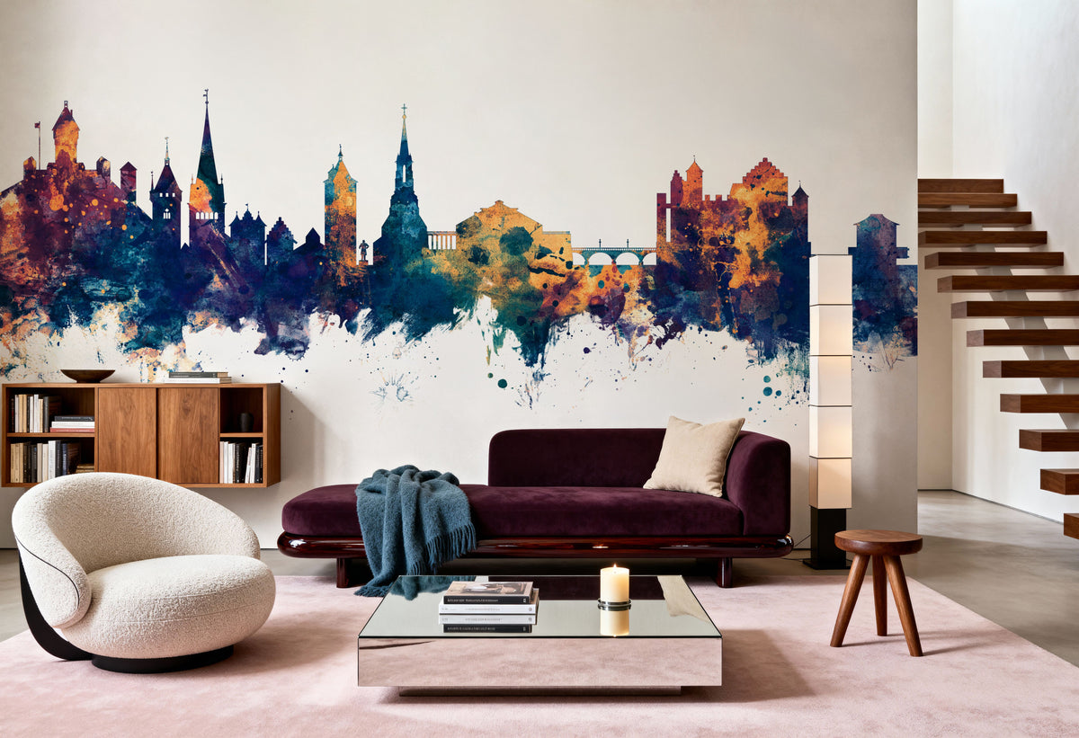 Schaffhausen Switzerland Skyline Blue & Bronze Mural Wallpaper - room preview 04